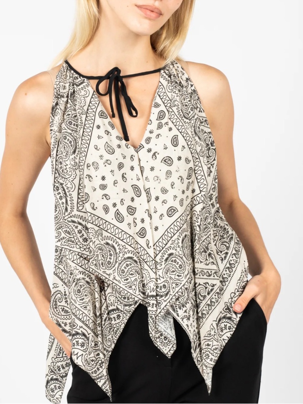 Pinko Black White Paisley Bandana Print Handkerchief Hem Tie Neck Top Size XS-S